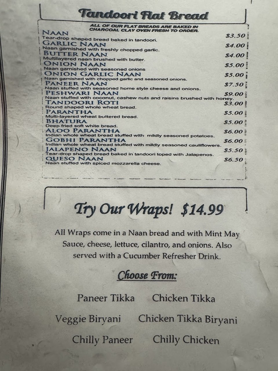 Printed menu with vegetarian choices